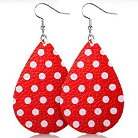 5/$25 Polka Dot Earrings Red Earrings Teardrop Retro Earrings Faux Leather 50s - Picture 1 of 7